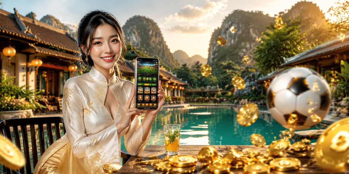 Người phụ nữ mặc áo dài tại Ninh Bình sử dụng ứng dụng casino trên điện thoại trong khung cảnh thiên nhiên